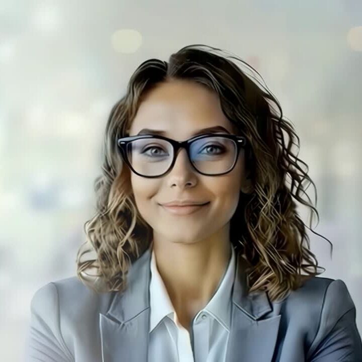 Portræt af en kvinde med briller og krøllet hår iført grå blazer, der smiler let foran en lys, uskarp baggrund.