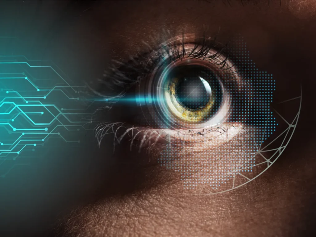 Nærbillede af et øje med digitale kredsløb, der symboliserer kunstig intelligens